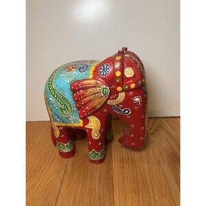 Hand Painted Wood Elephant Figurine Statue Red Multicolor Indian Decor Folk Art